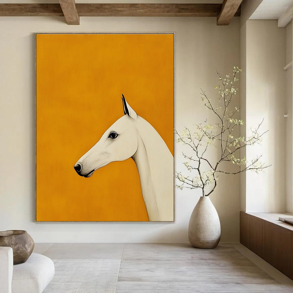 A large abstract painting featuring a minimalist Arabian greyhound design with a white horse's head on an orange background.STSC1063