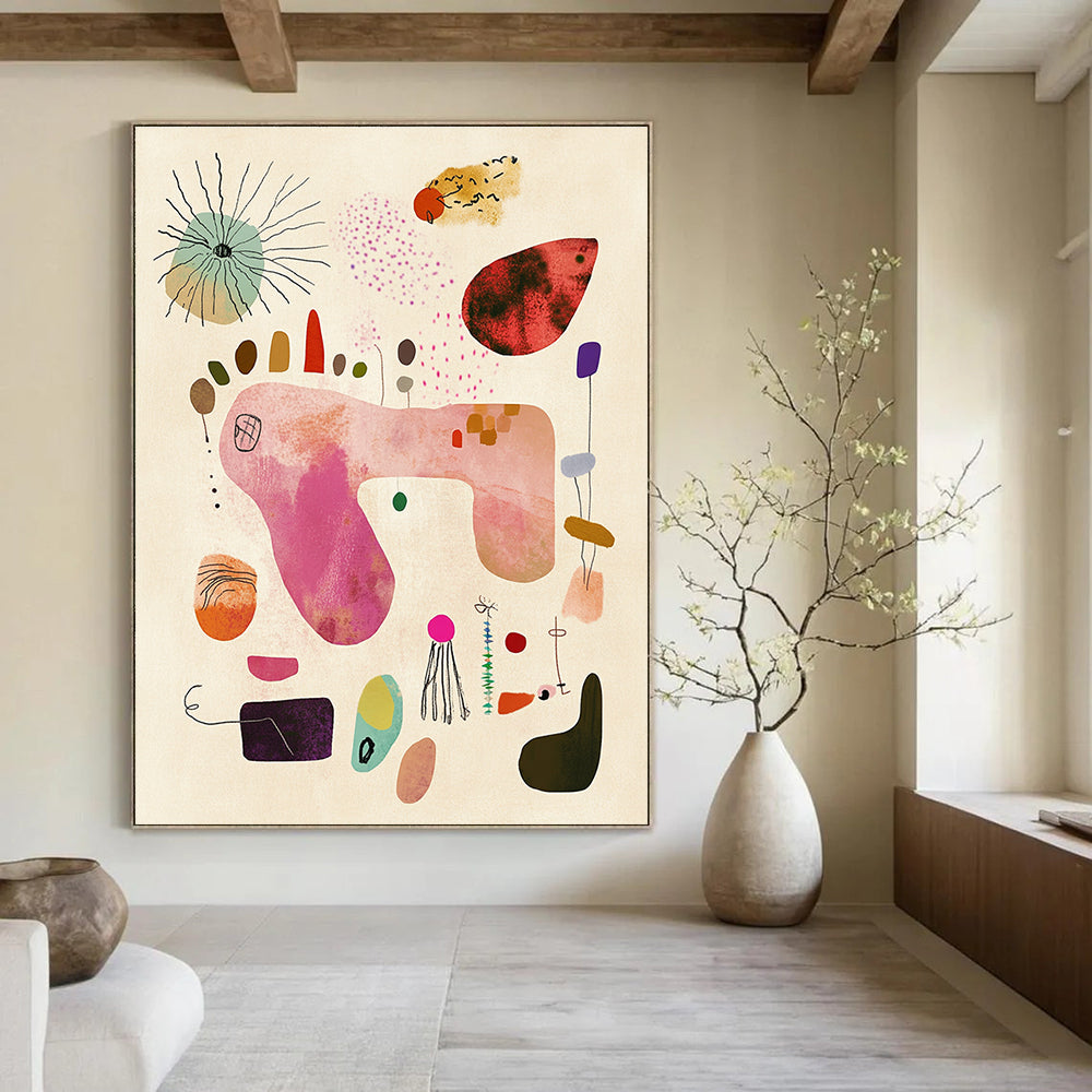A large abstract painting featuring whimsical shapes and textures in soft pastel colors evoking joy and a carefree spirit on light beige paper.STSC1236