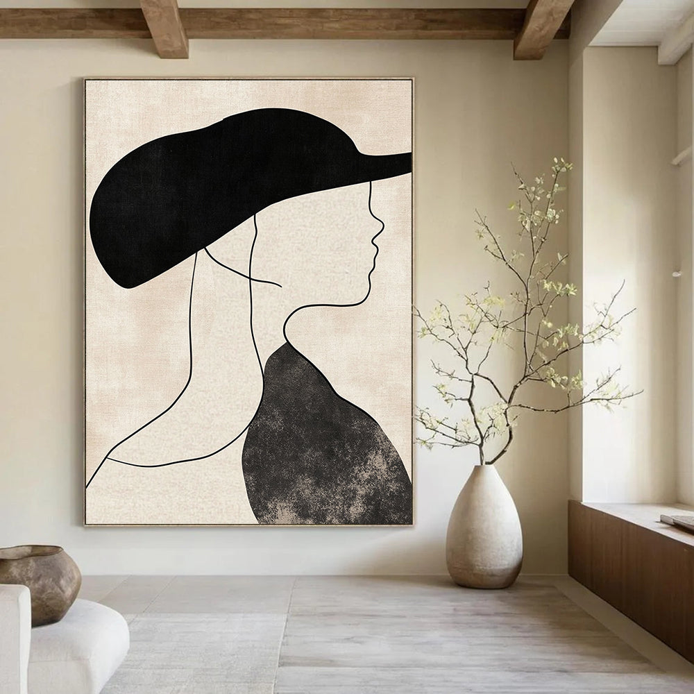 Abstract art depicting a woman's profile in a hat with neutral shapes thick lines and a beige background in black and white tones.STSC1333
