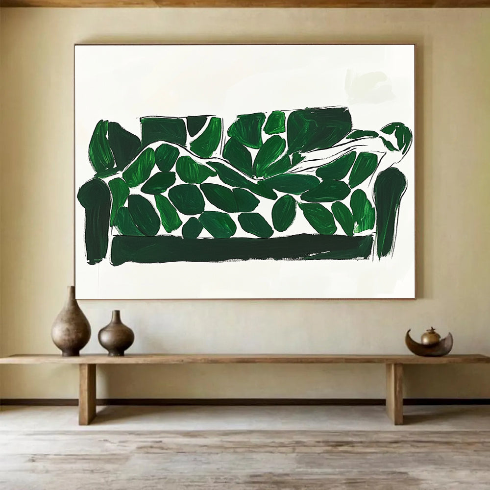 Green and White Abstract Painting of a Leaf - Covered Sofa DYP142