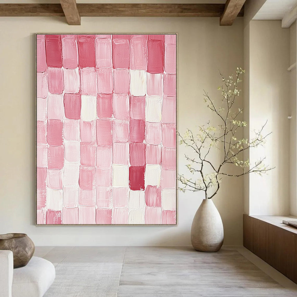 Large abstract painting featuring pink and glossy mottled rectangular blocks arranged on a pure white background with textured brushstrokes.STSC1411