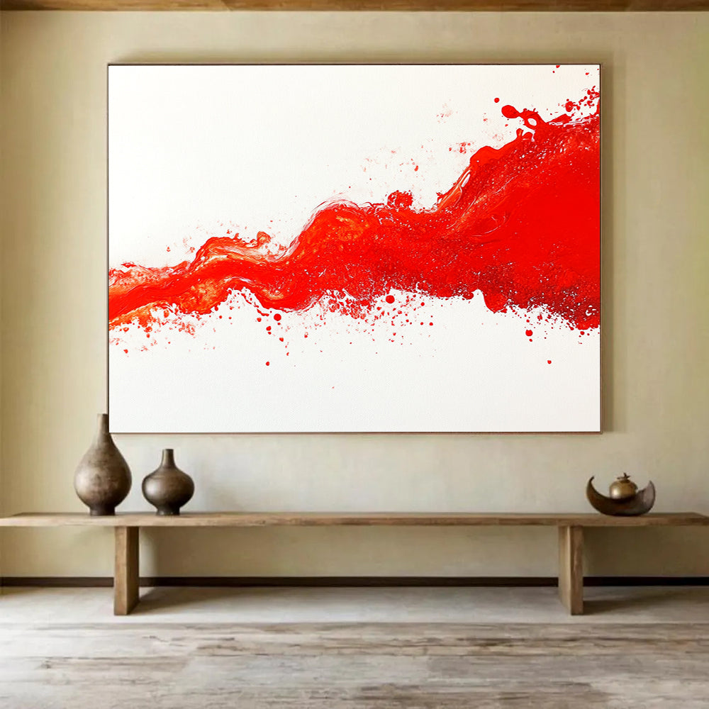 Large abstract painting featuring a vibrant crimson wave flowing across a white canvas with dynamic splashes capturing fluidity and energy.SC039