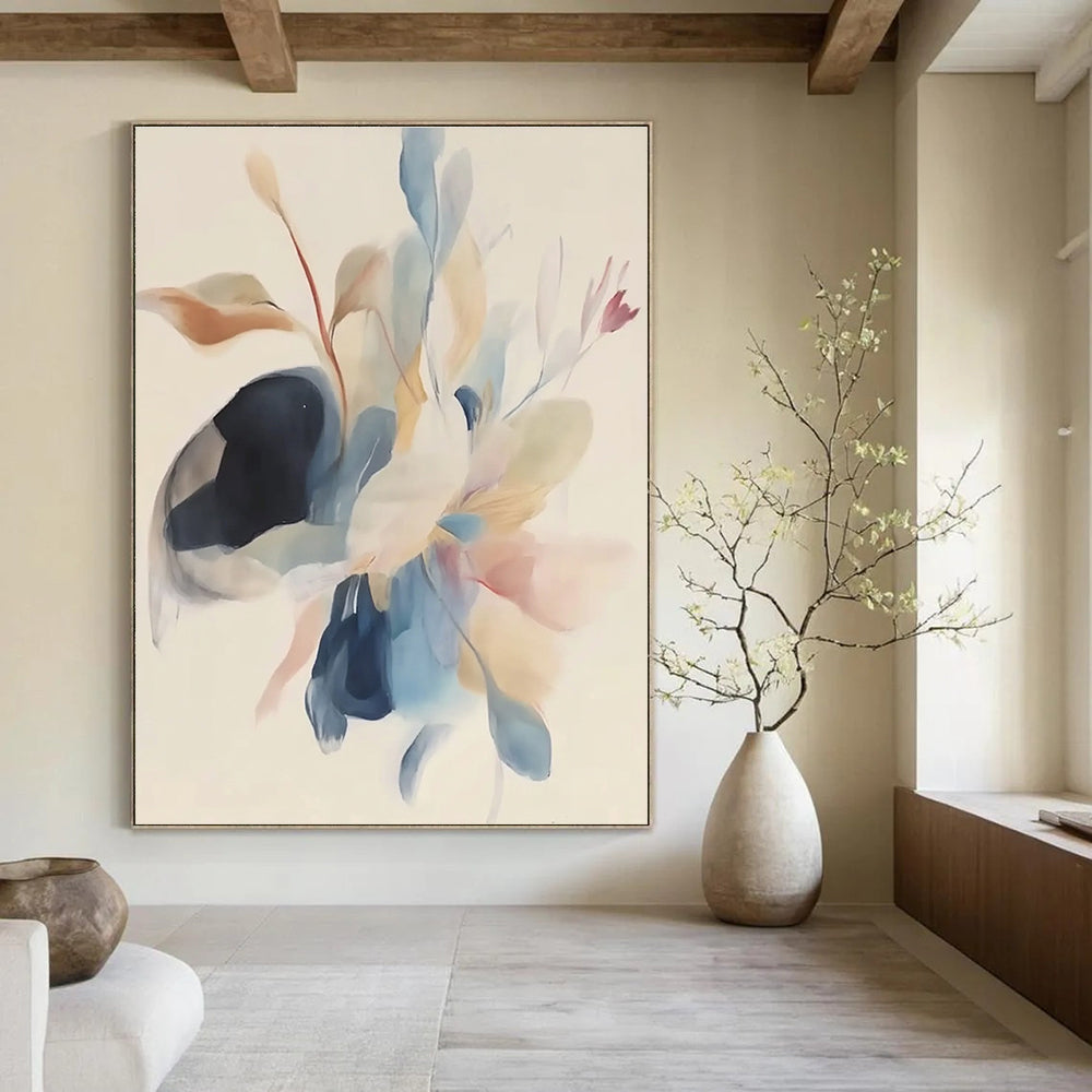 Abstract painting featuring soft watercolor in pastel colors with minimalistic floating bird wings and flowers on a white background.STSC482