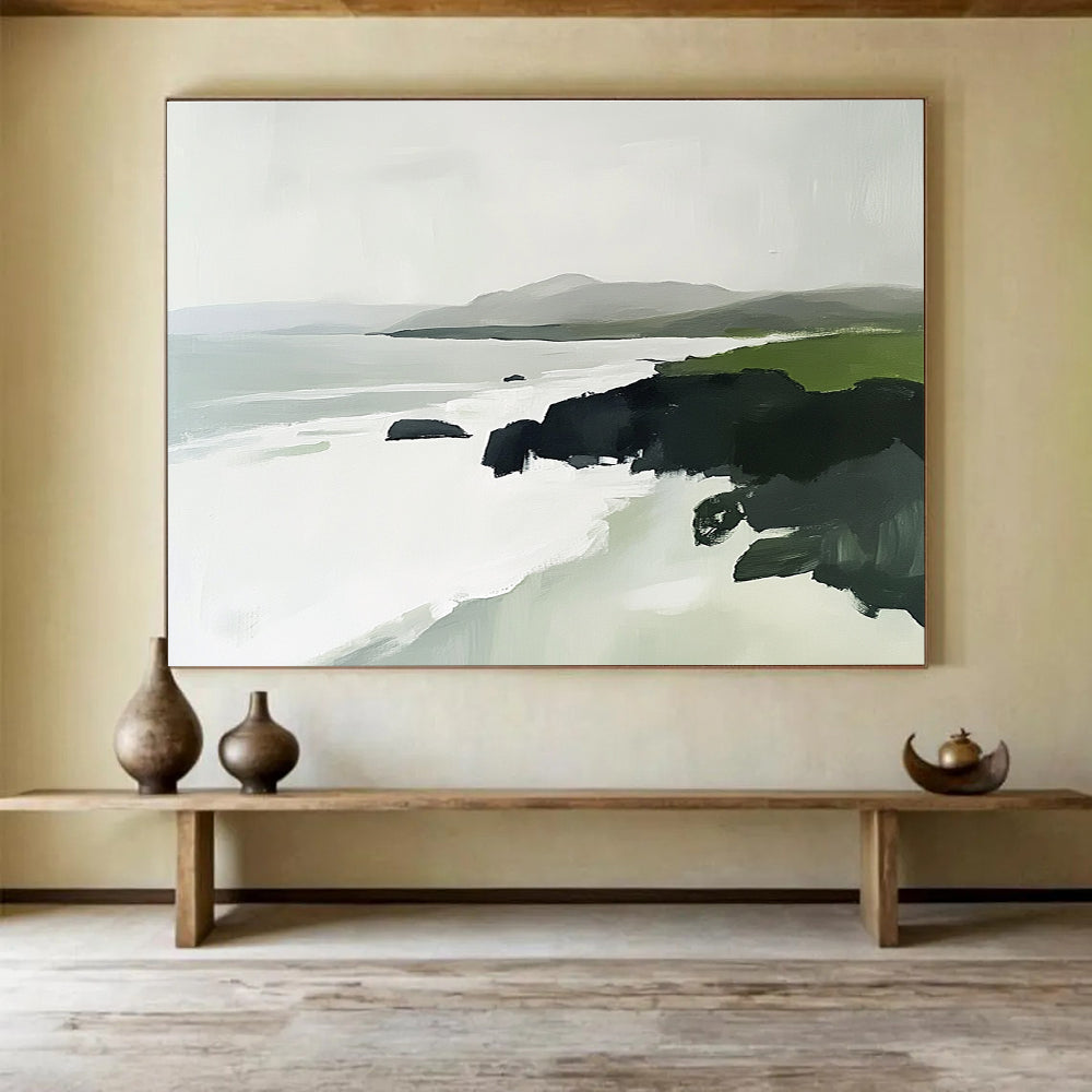 Abstract painting of the Irish coast featuring green rocks white waves and distant mountains in a minimalist style with soft edges and natural lighting.SC160