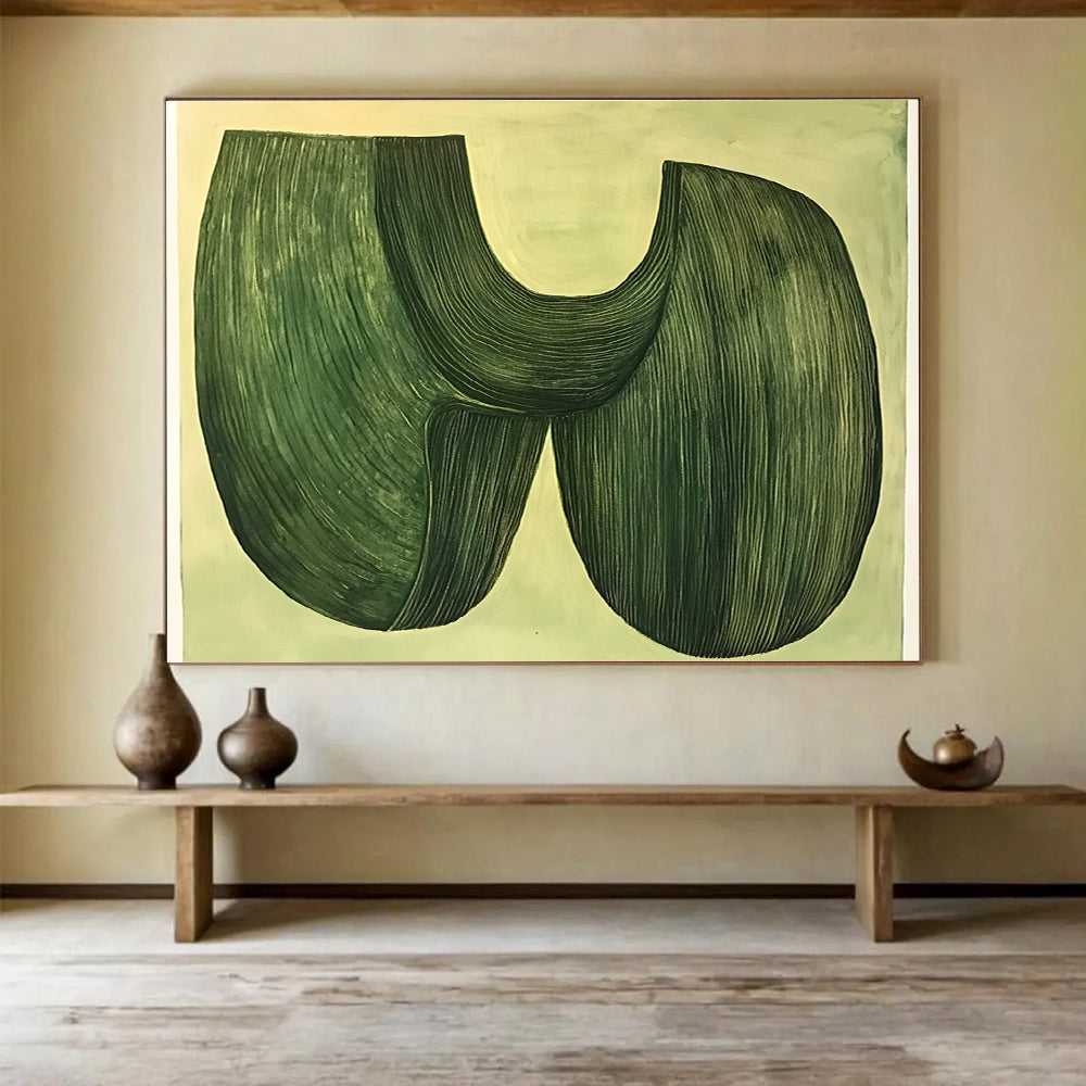 A large abstract painting featuring two organic green shapes fused together on a pastel green background in a 70s retrofuturistic style.SC614