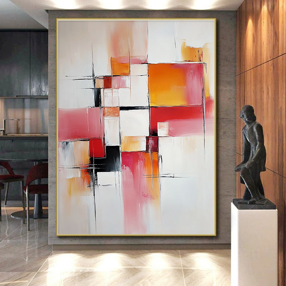 Pink Orange and White Abstract Painting with Geometric Shapes GER681