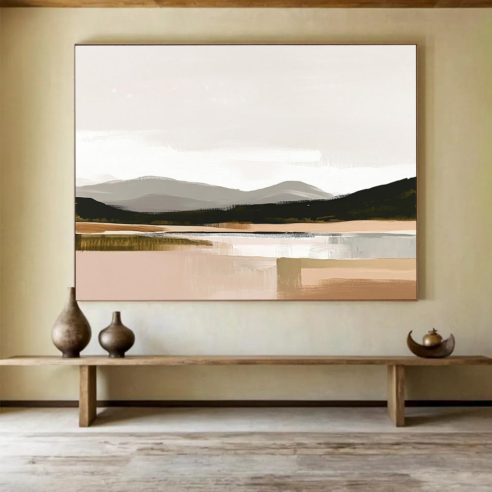 Large abstract painting in muted colors and neutral tones with thick brush strokes inspired by the Scottish Highlands on a beige background.SC081
