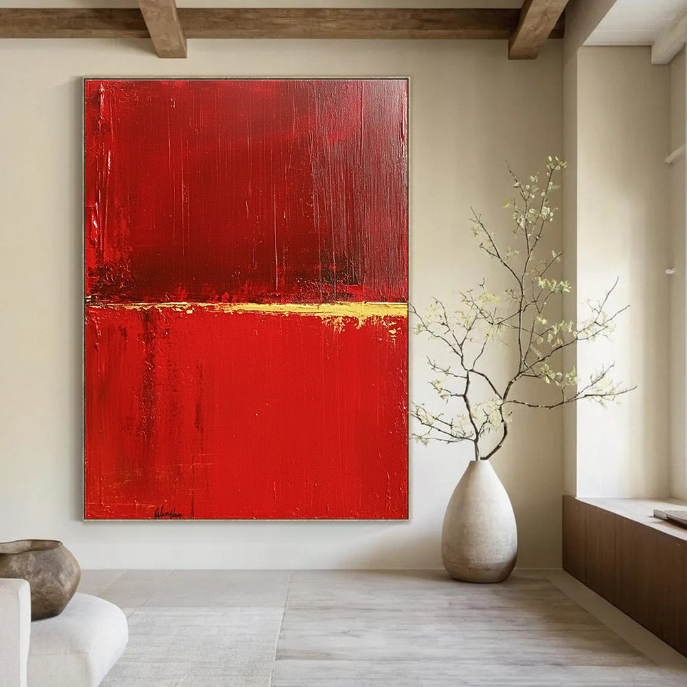 Large abstract painting featuring a red background with a central yellow line evoking lightness and depth in a minimalist style.STSC459