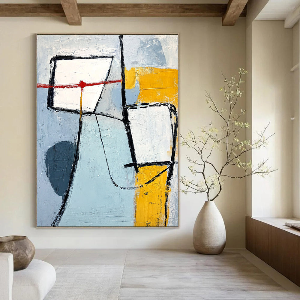 A large abstract painting with light blue gray and yellow shapes thick black lines and a prominent white square in the top-left corner.STSC613