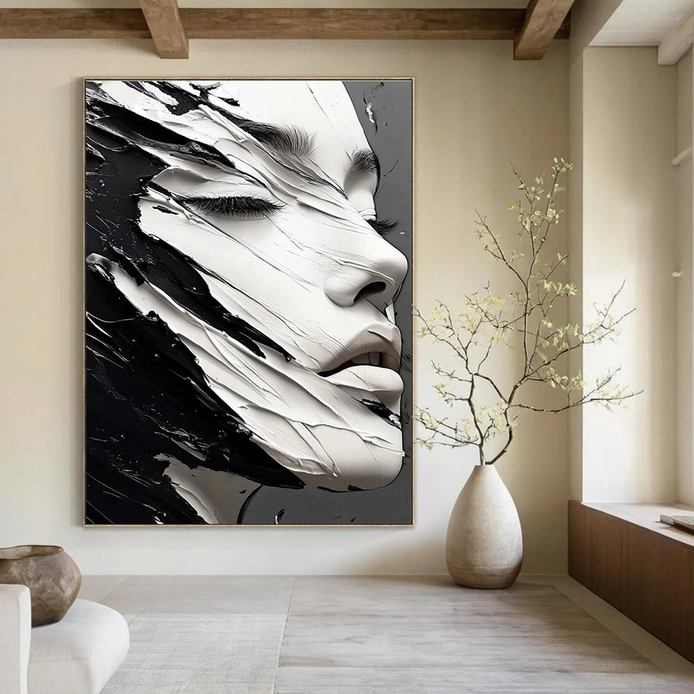 A large abstract painting featuring an elegant hyperrealistic black and white face showcasing intricate details and striking contrasts.STSC989