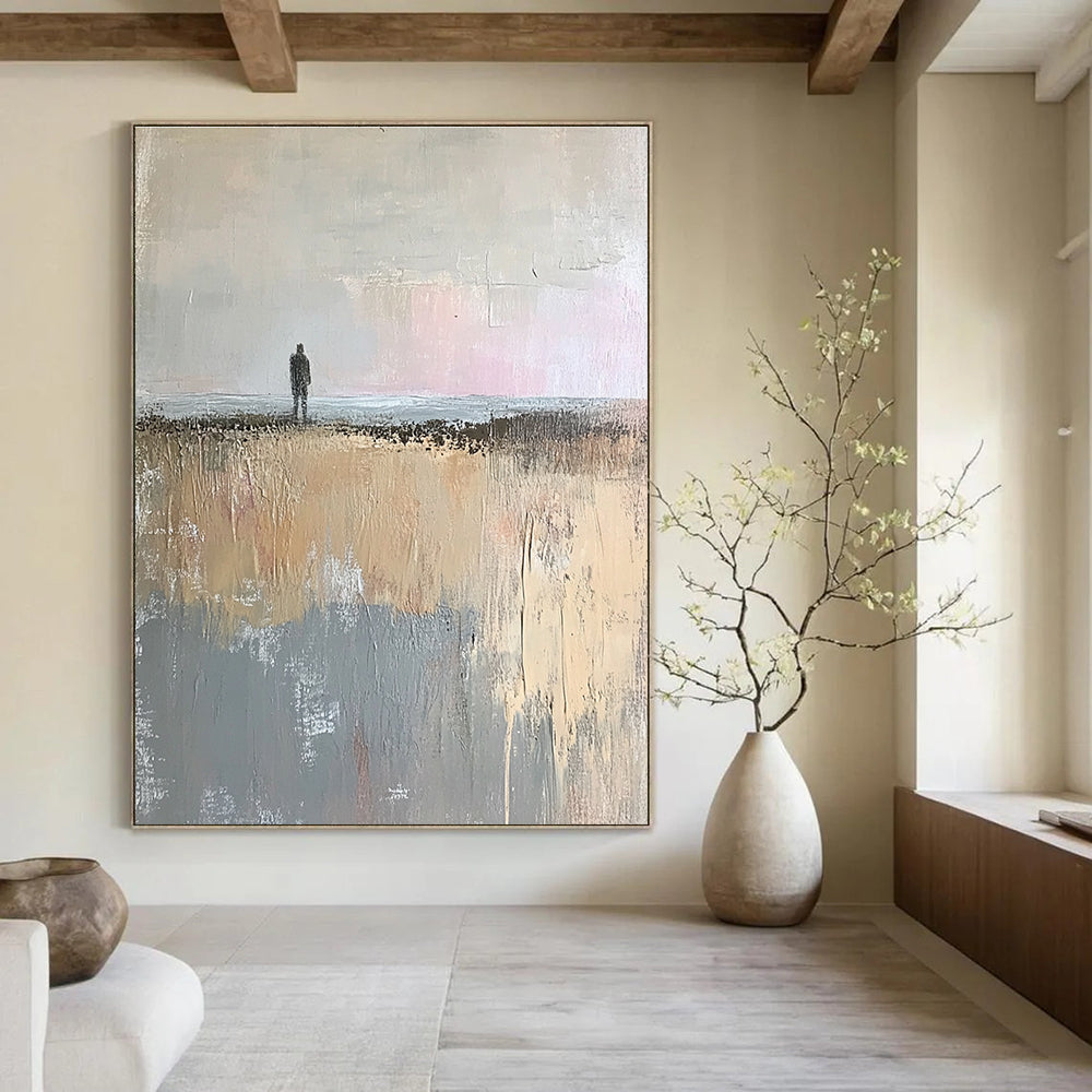 Large abstract painting in muted beige and gray tones showcasing a tranquil open field and distant sea horizon with soft brushstrokes.STSC101