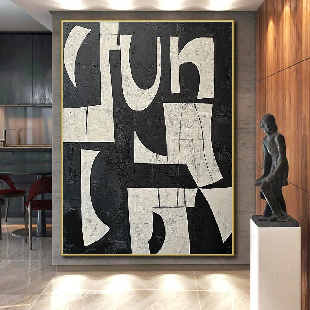 Textured Black and White Block Abstract with Layered Shapes GER239