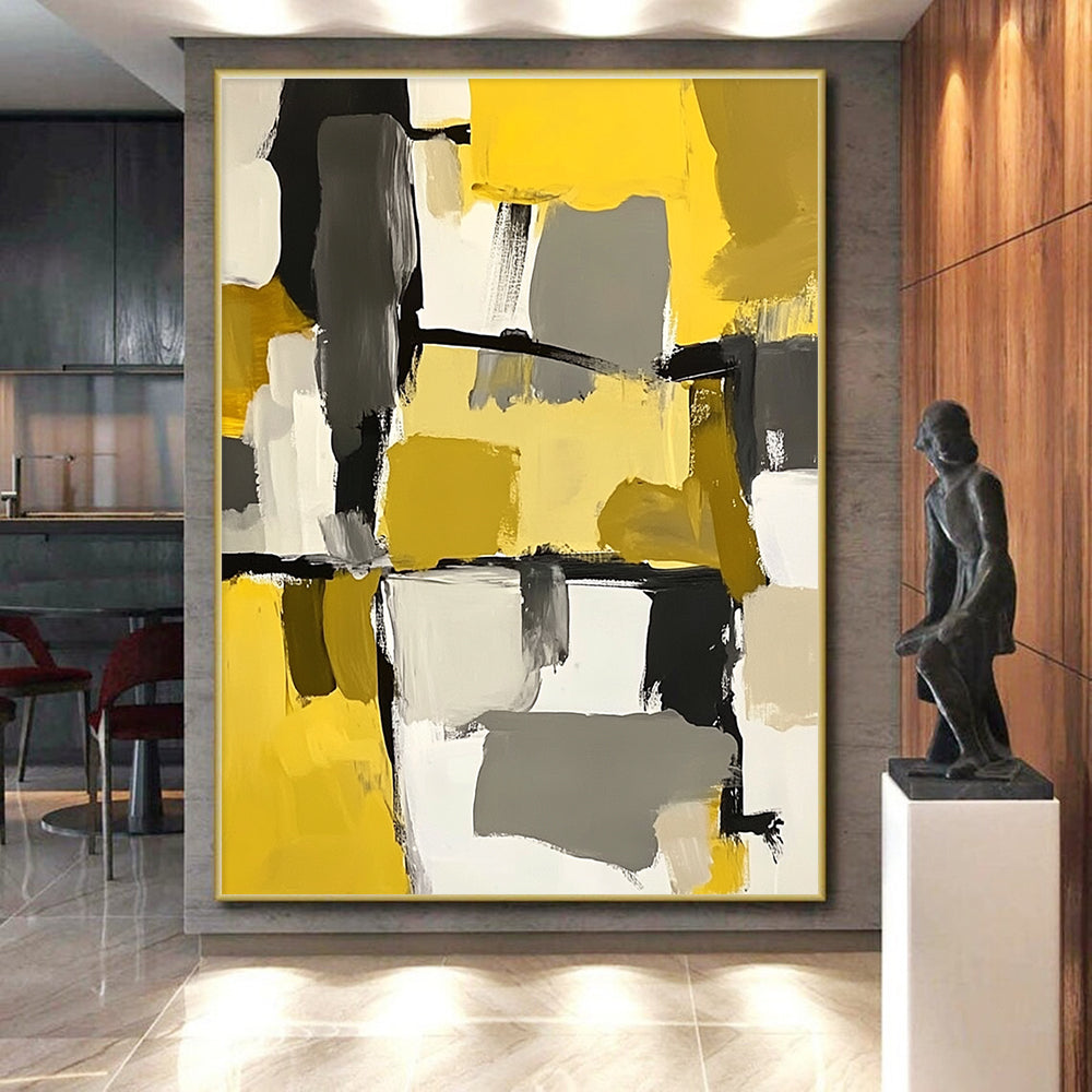 Yellow Gray Black and White Abstract Painting with Geometric Shapes GER646