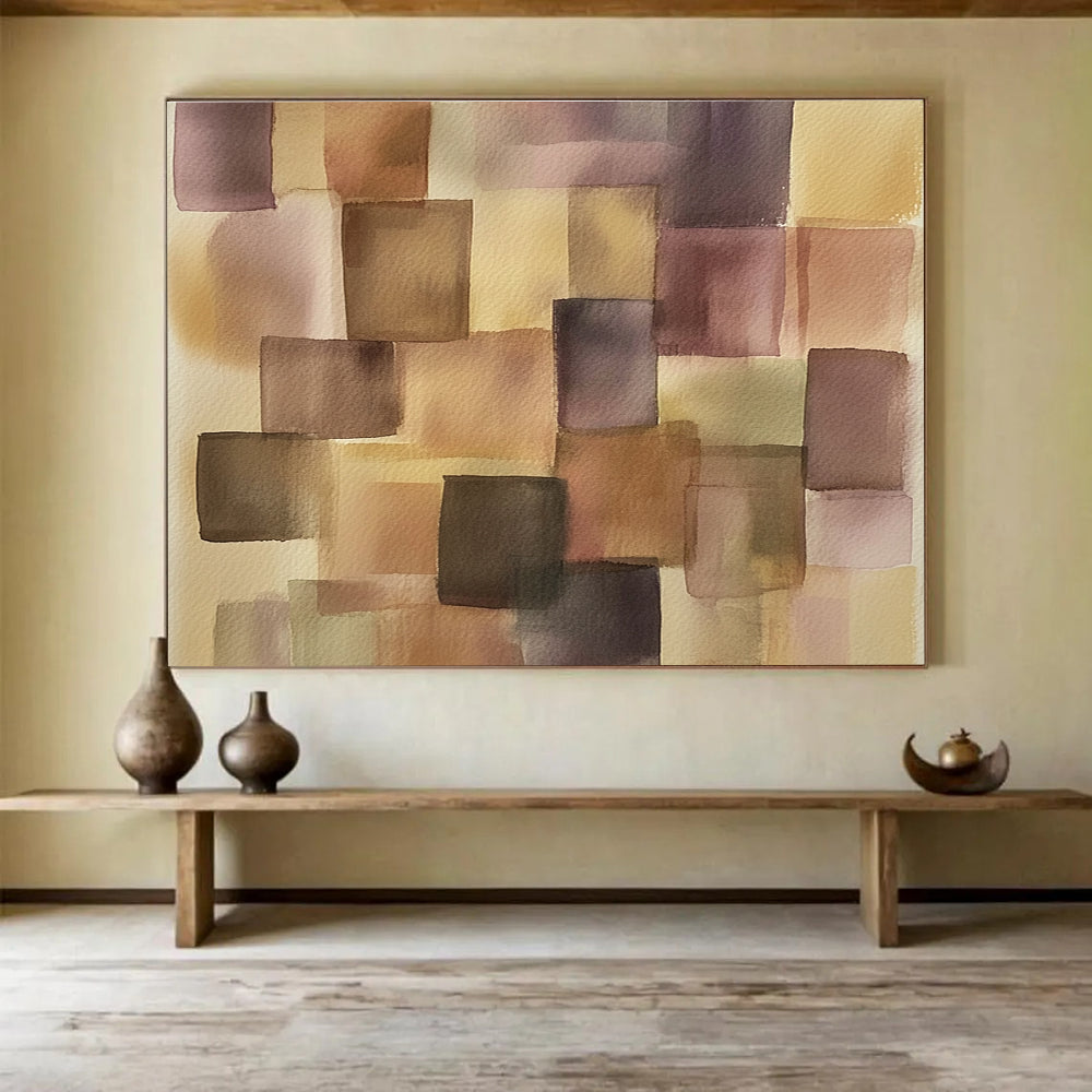 Purple and Brown Squares Watercolor Abstract Painting with Geometric Forms DYP616