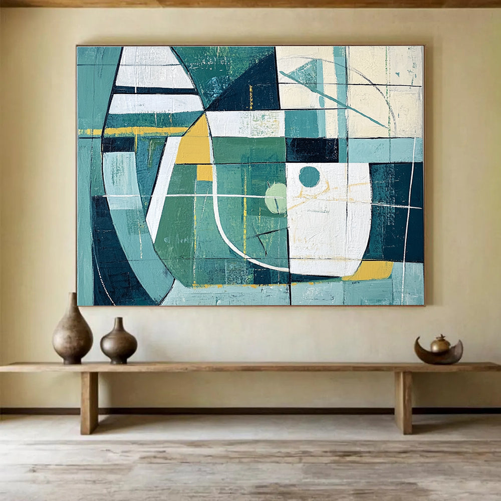 Large abstract painting featuring simple green and white shapes with yellow accents inspired by sports fields and goal lines.SC252