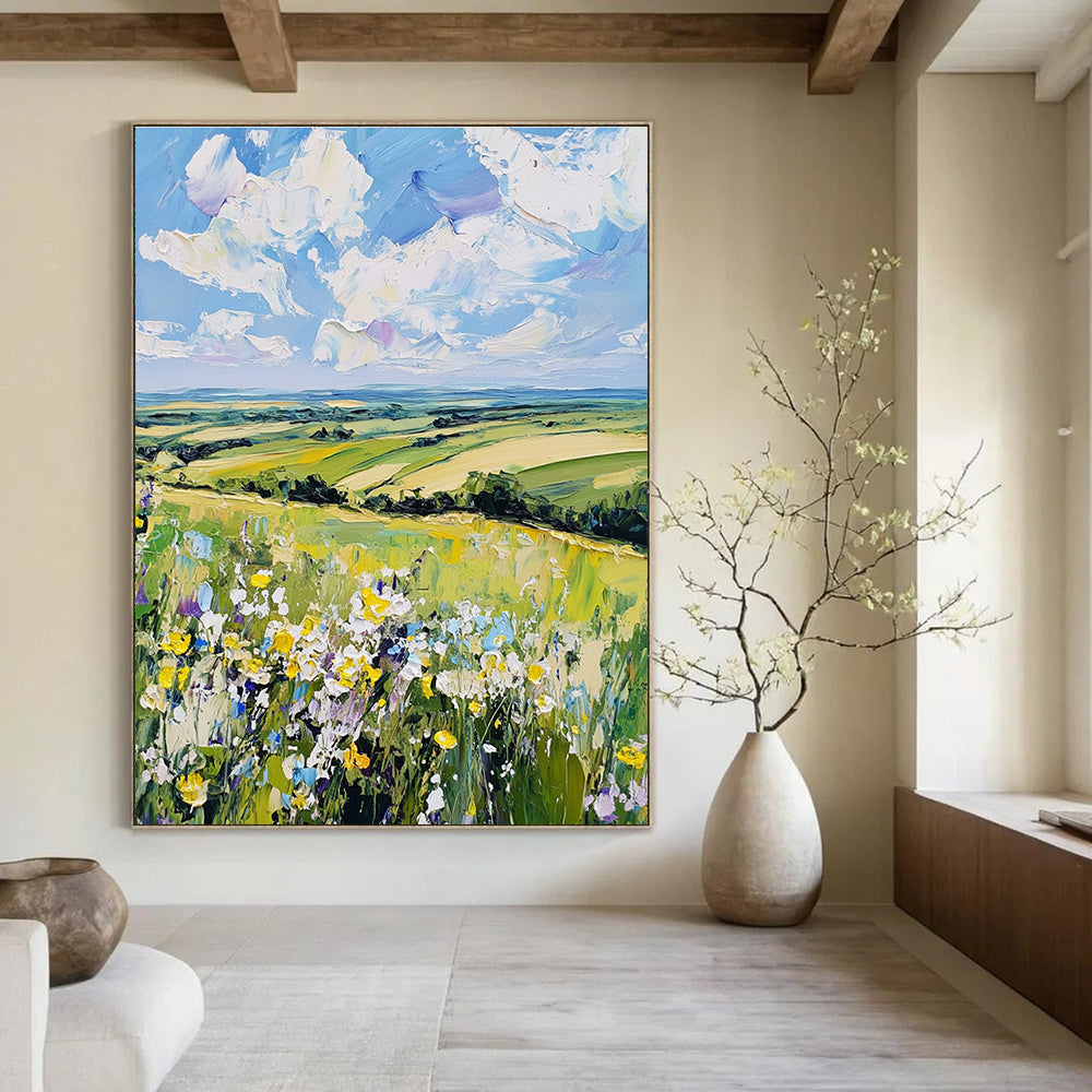 Large abstract painting showcasing a serene English countryside with wildflowers and rolling hills in vibrant colors capturing nature's tranquility.STSC1432