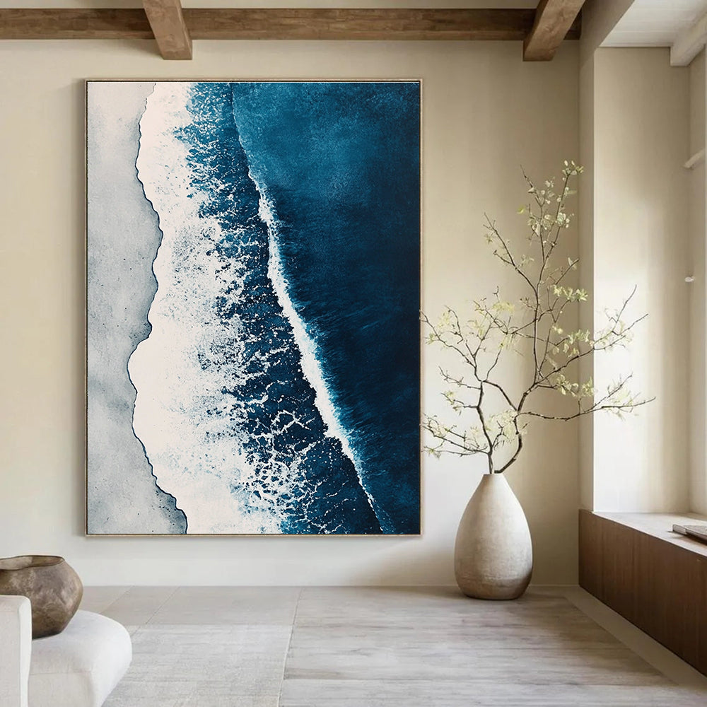 Abstract painting featuring ocean waves in shades of blue and white with elegant brushstrokes and a watercolor aesthetic in high-resolution detail.STSC531