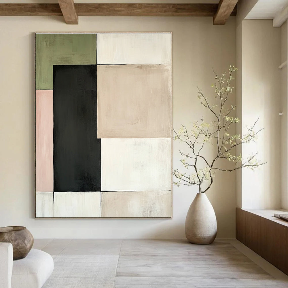 Large abstract painting featuring beige green and black squares with dark grey accents set against a white background with pale pink and light brown highlights.STSC764