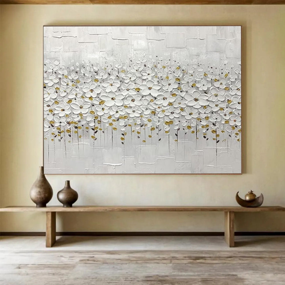White Flower Field Abstract Painting with White, Gold, and Grey Tones THY214