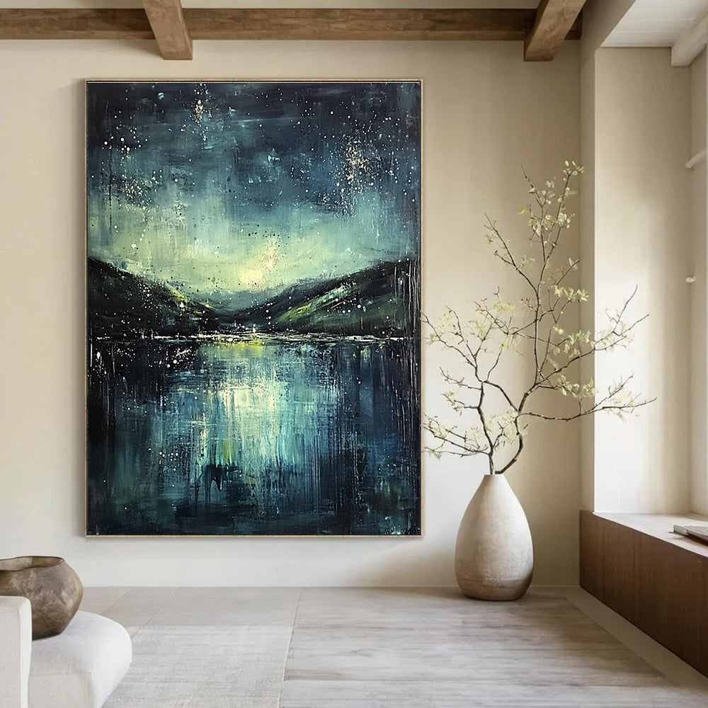 Abstract painting featuring a misty night sky with stars a serene lake and green hills in dark blue and teal hues.STSC294