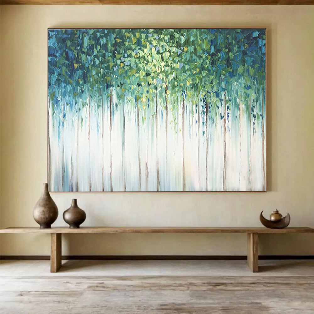 Forest Canopy Abstract Painting with Green, Blue, and White Tones THY206