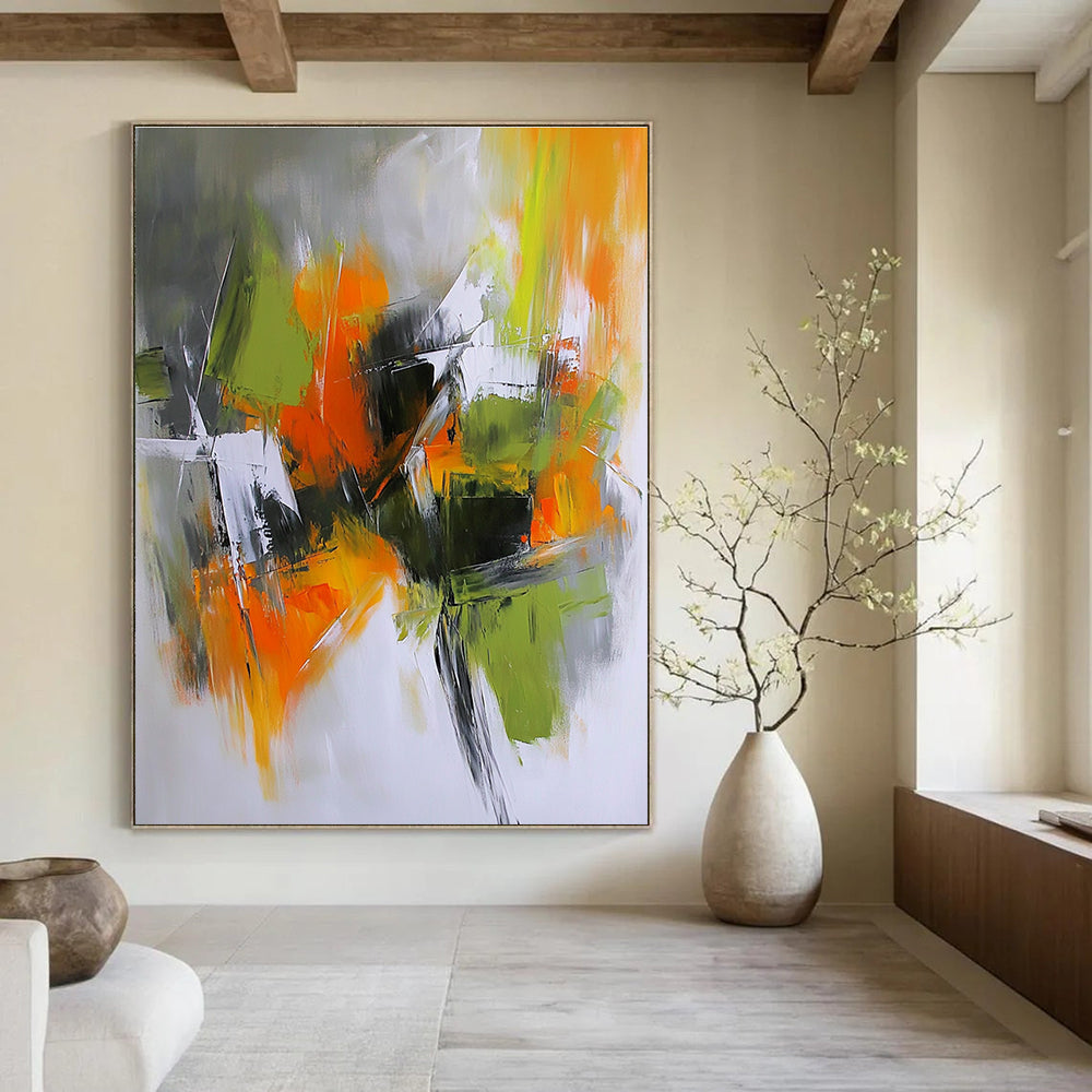 Large abstract painting in light gray dark orange and olive green capturing an autumn urban garden with dramatic shadows and energetic brush strokes.STSC769