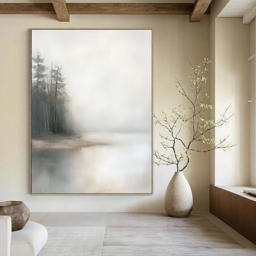 Large abstract painting featuring a minimalist composition with a foggy sky muted colors and distant pine trees on oil linen canvas.STSC089