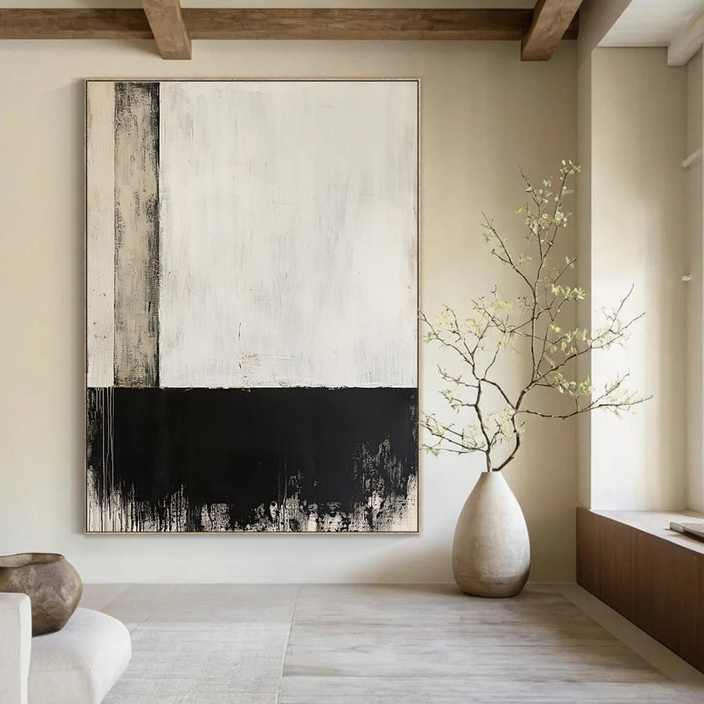 Large abstract painting in black and white features a single vertical line with gray and darker blocks below on an off-white background.STSC235