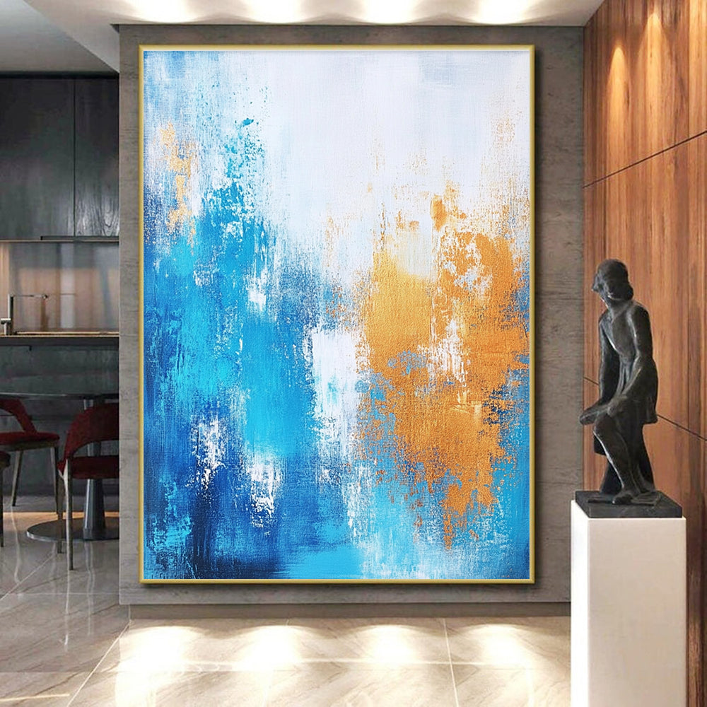 Light Blue and Gold Abstract Painting with Airy Layers GER383