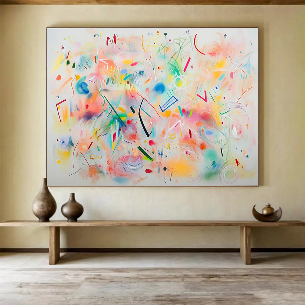 A large abstract painting featuring bright pastel colors and whimsical shapes like swirls circles and stars creating a joyful celebration on a white background.SC476