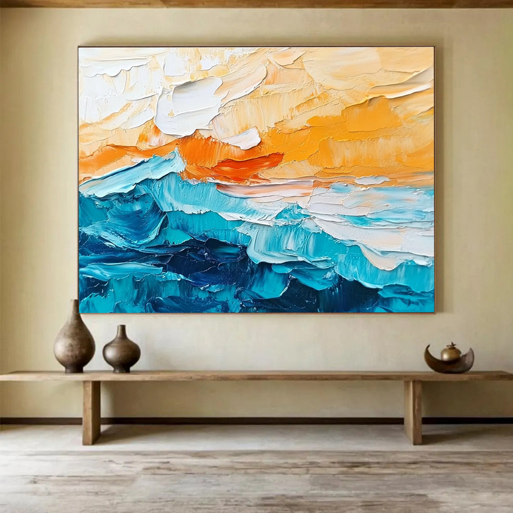 Textured Orange and Blue Waves Abstract Seascape Painting DYP291