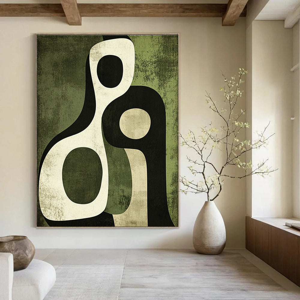 Abstract art piece featuring interlocking arches in olive green and black with soft edges and organic forms in warm and cool tones.STSC476