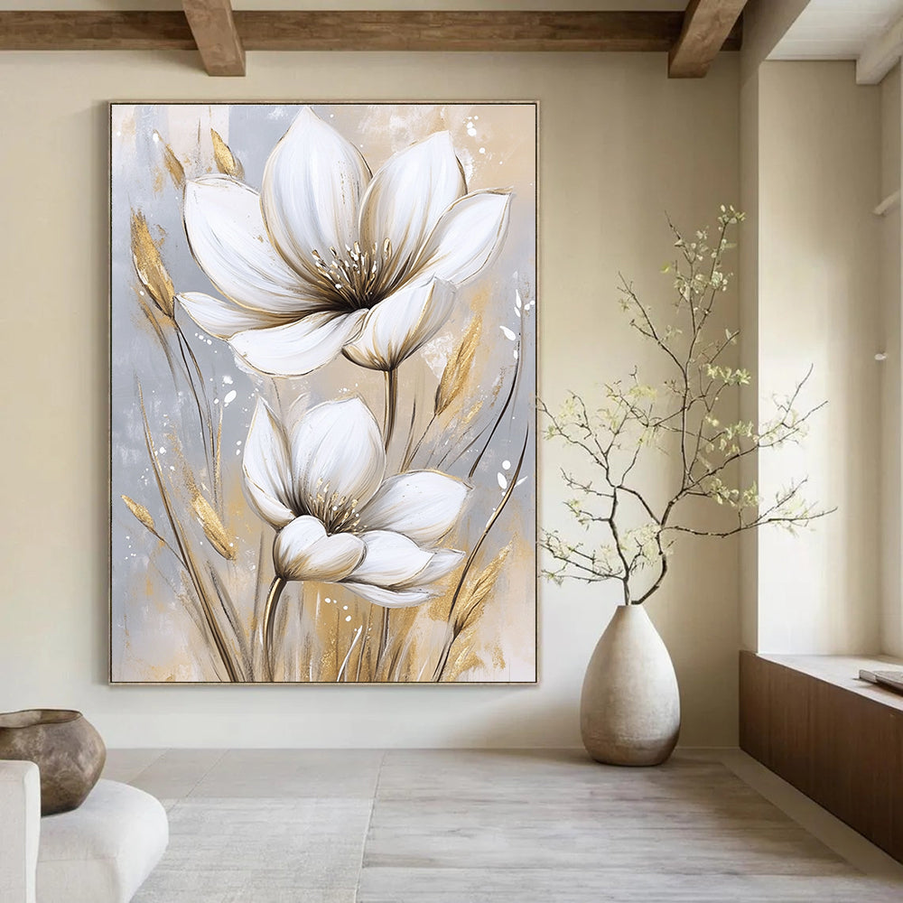 Large abstract painting featuring white flowers on a beige and gray background with soft watercolor textures in white and gold tones.STSC1476