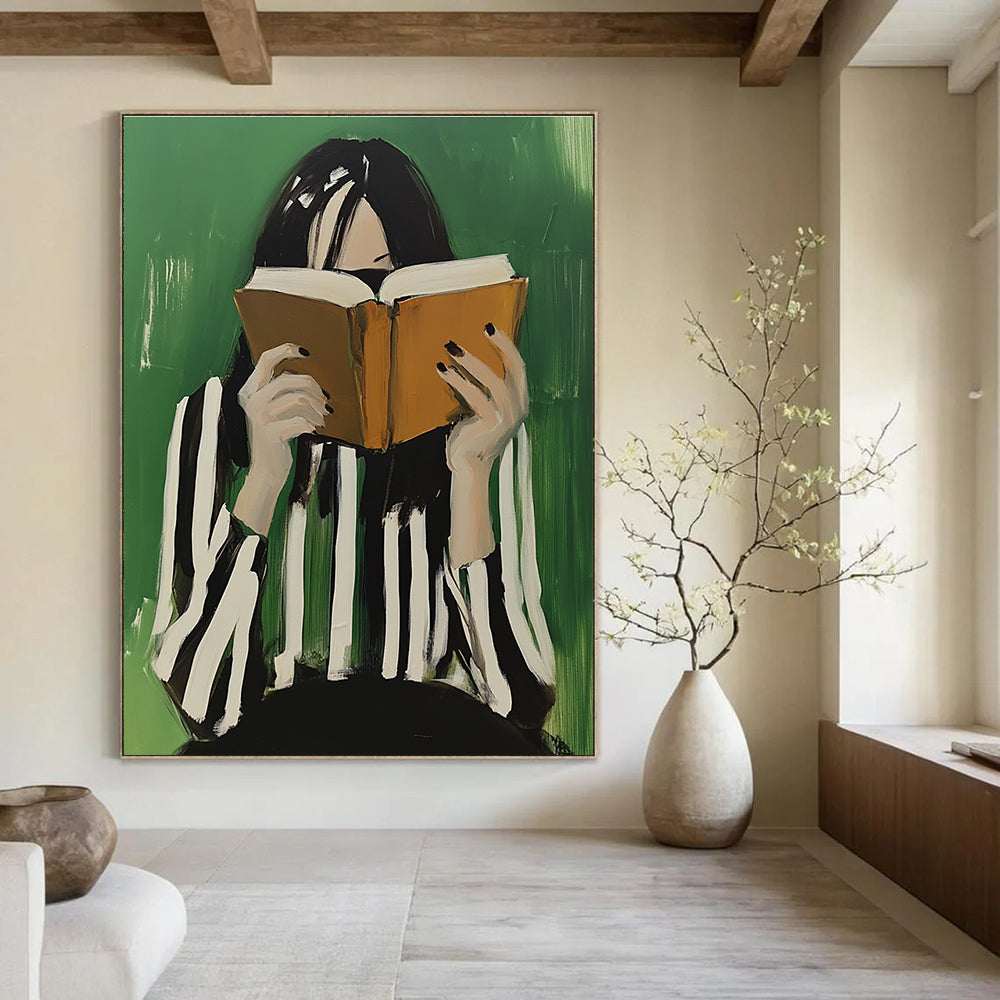 An abstract oil painting of a woman with black and white striped hair enjoying coffee while reading an open book against a green background.STSC1265