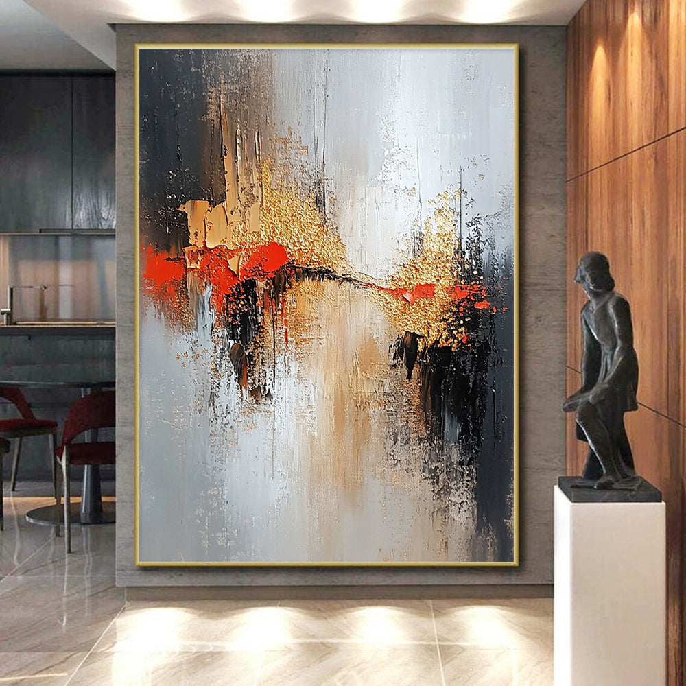 Red Gold and Gray Abstract Painting with Textured Layers GER556