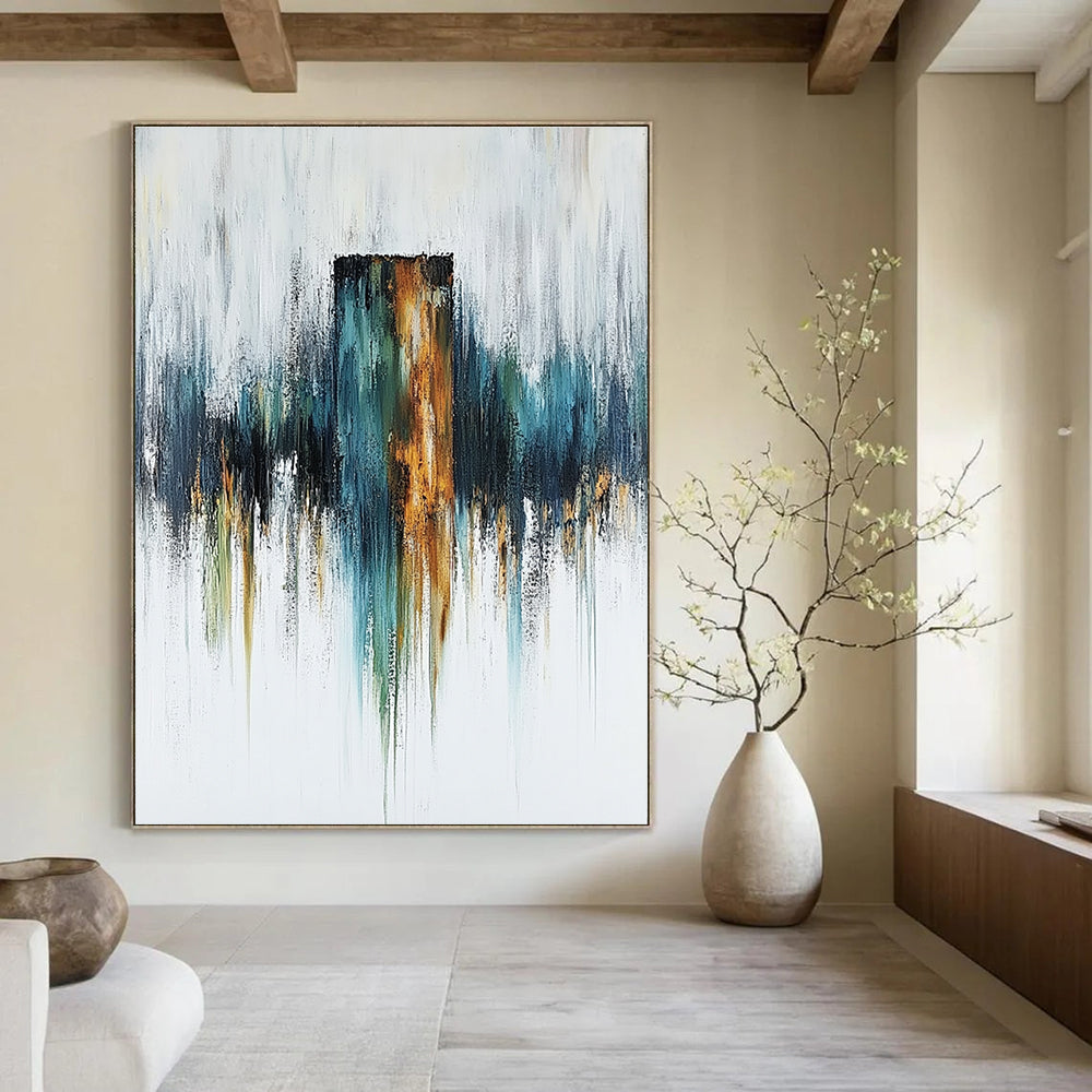 Large abstract painting featuring a rusted metal column on a white canvas with blue green and warm tones for depth and mystery.STSC494
