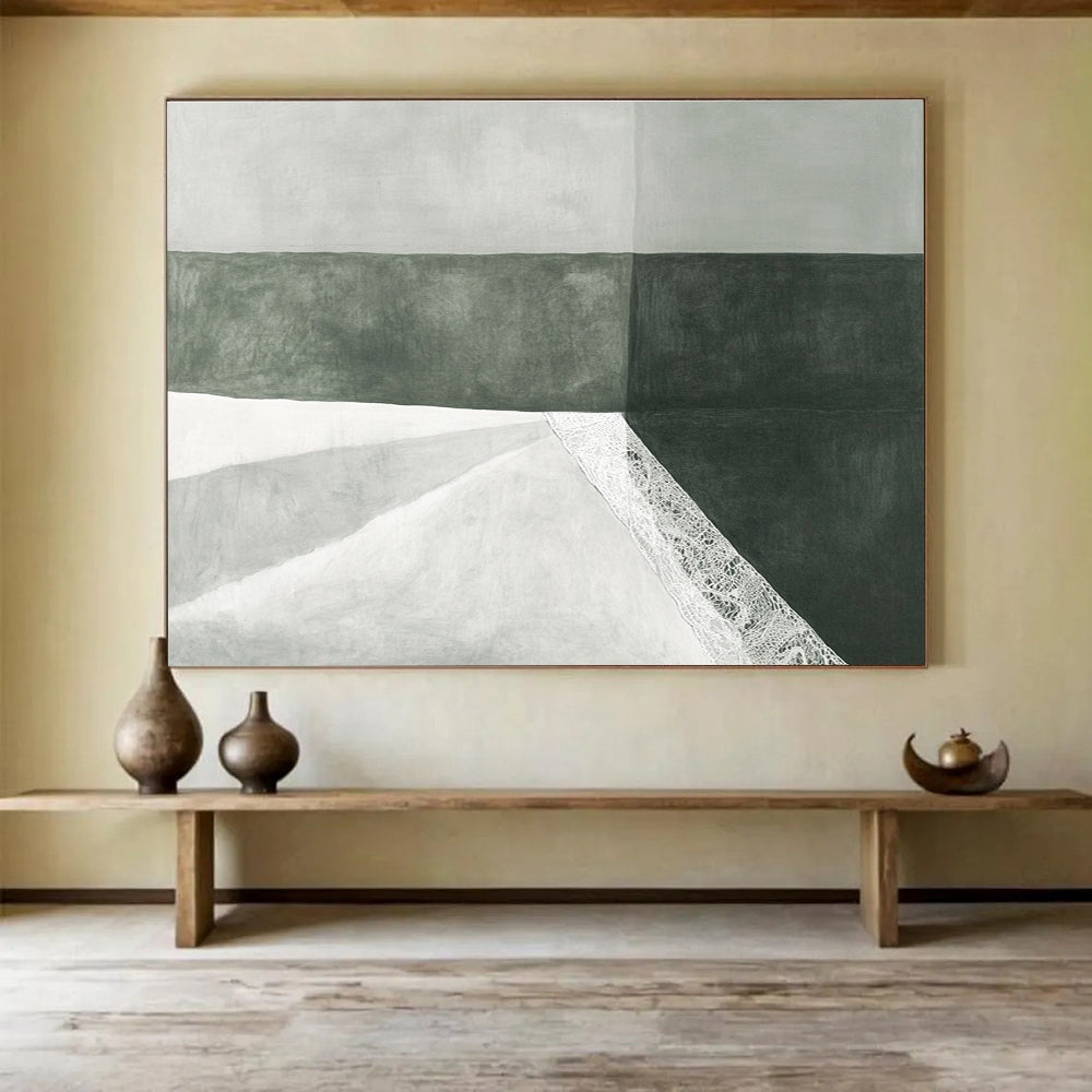 A large abstract drawing features a white fabric bag with lace on green paper against a subtle gray background, showcasing minimalist elegance and soft lighting.SC462