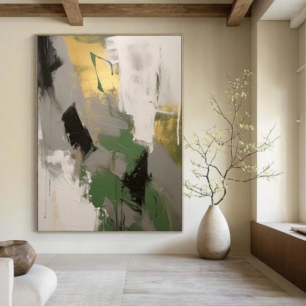 Green, Gray, and Gold Abstract Painting with Dynamic Brushstrokes ADGE115