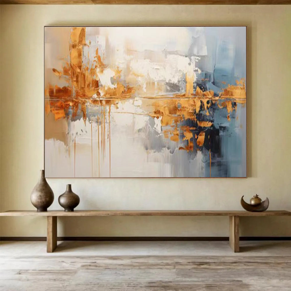 Gold and Blue Abstract Painting with Metallic Gold and Cool Blue Tones THY183
