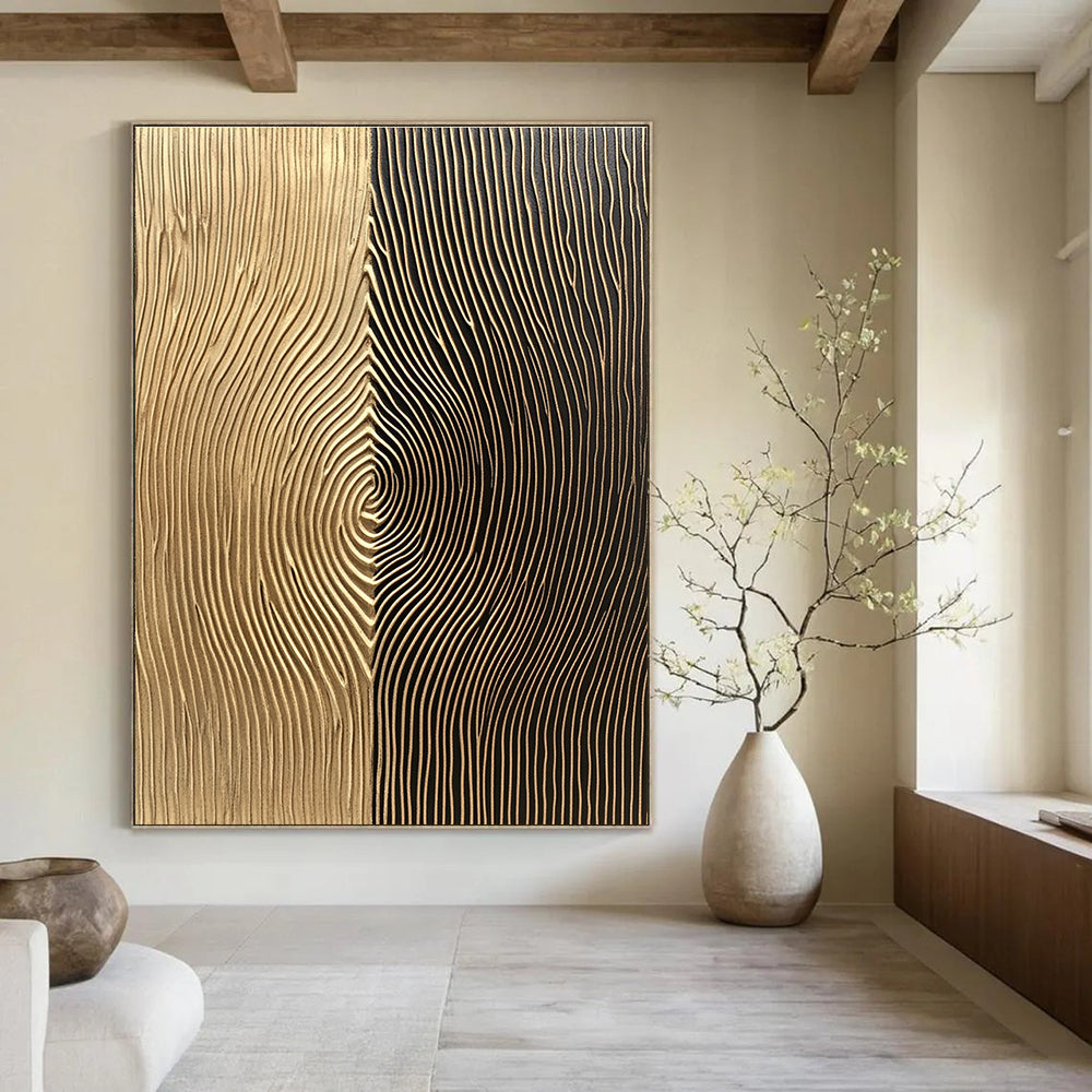 Abstract wall art features light brown and dark bronze sections with vertical lines and delicate curves for a visually engaging experience.STSC1214