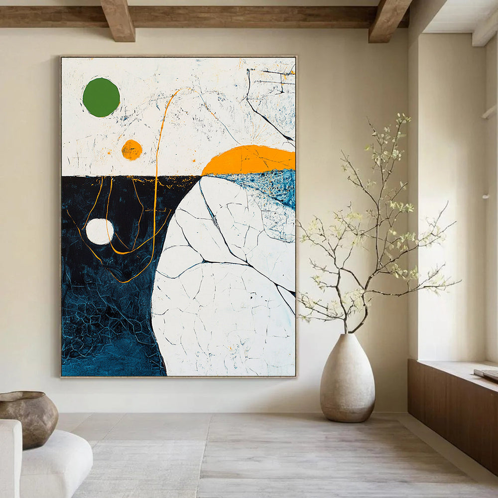 Large abstract painting depicting an aerial ocean view with a green circle and yellow lines featuring thick brush strokes and vibrant colors.STSC255