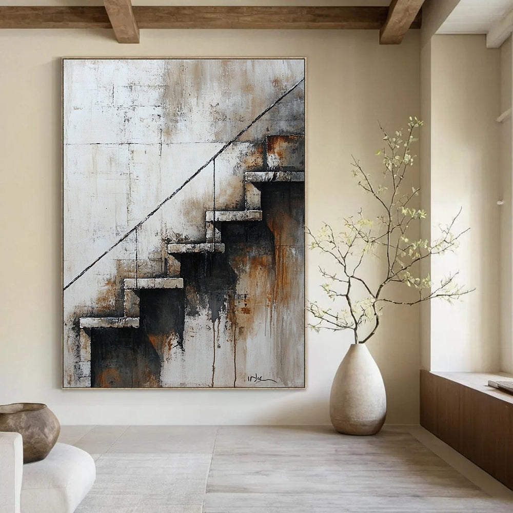 Large abstract painting of stairs in neutral tones featuring aged textures muted palette and nostalgic urban atmosphere.STSC194