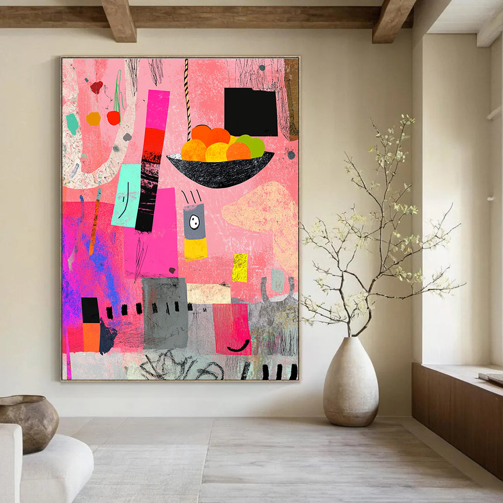 A large abstract painting featuring pink gray and black shapes with a bowl of fruits colorful scribbles and artistic texture elements.STSC969