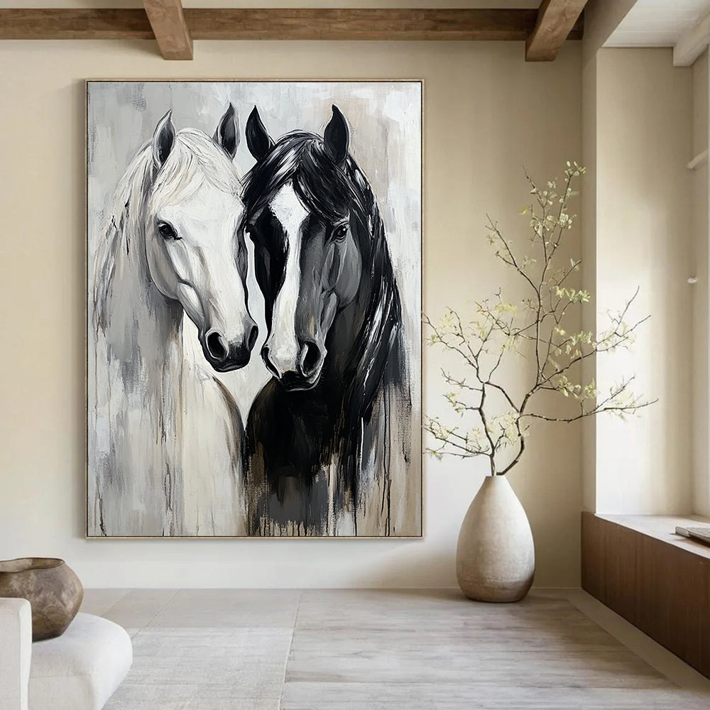 Abstract oil painting of black and white horses embracing with expressive brushstrokes and soft gray tones highlighting their fur texture and connection.STSC1388