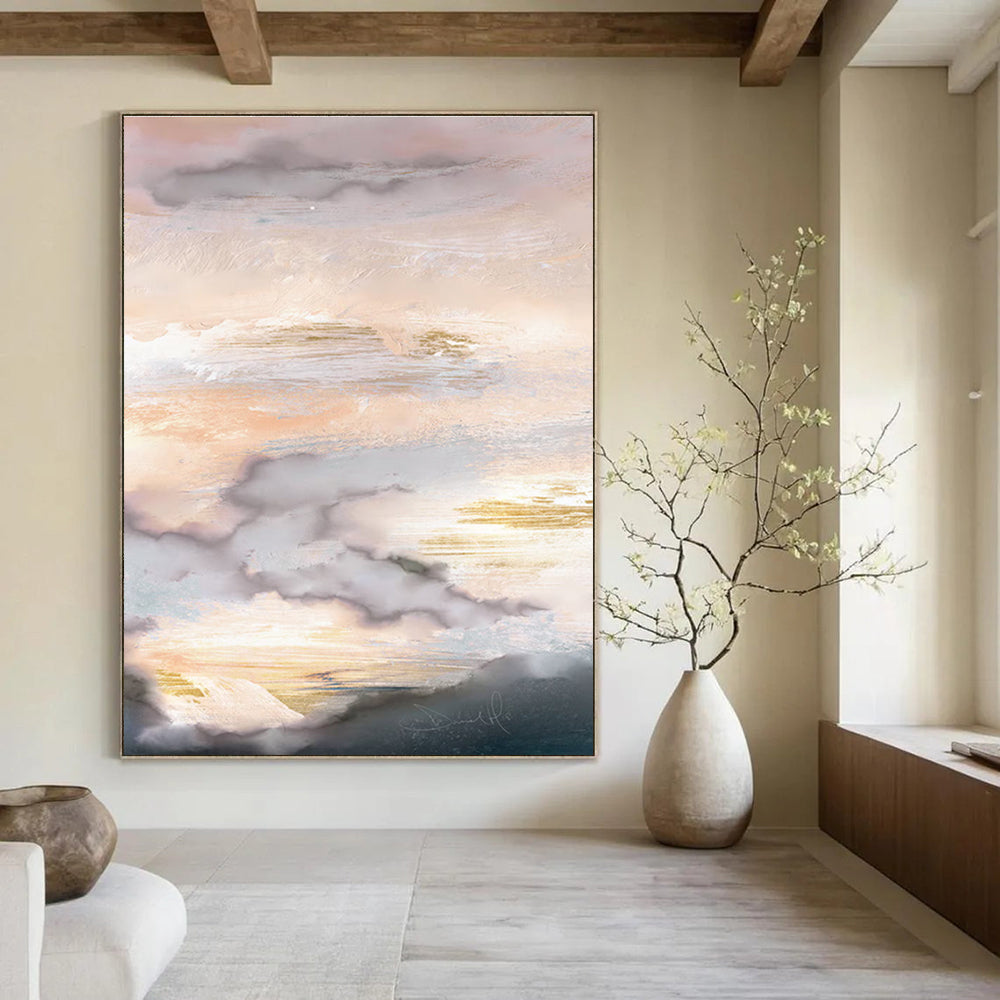 Blush Teal and Gold Cloud Abstract Painting ADGE166