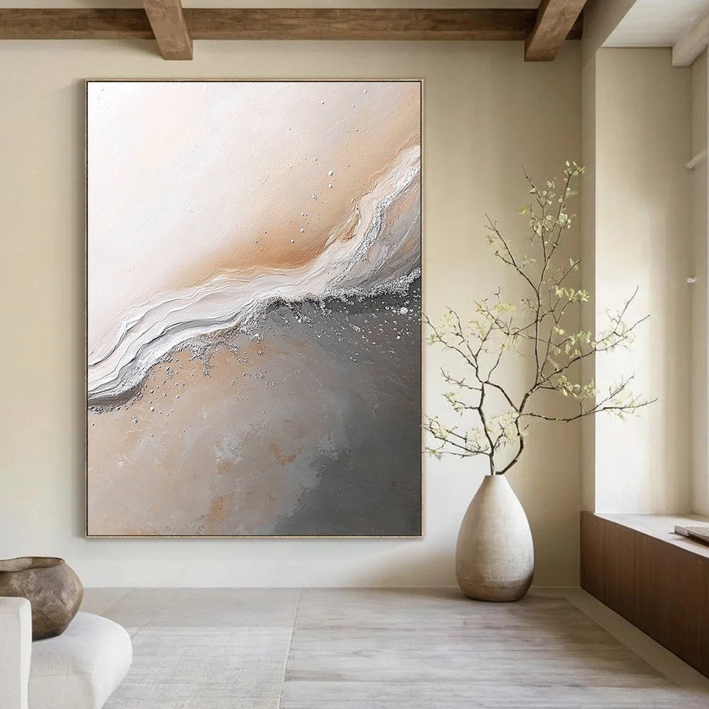 Large abstract painting of Jupiter's surface in gray beige and white with silver details evoking a calm serene atmosphere.STSC014