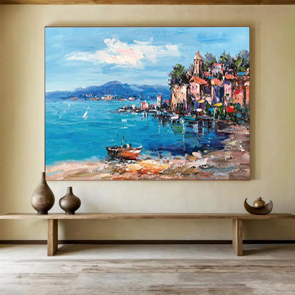 Coastal Town Abstract Painting with Blue, Pink, and Orange Tones THY230
