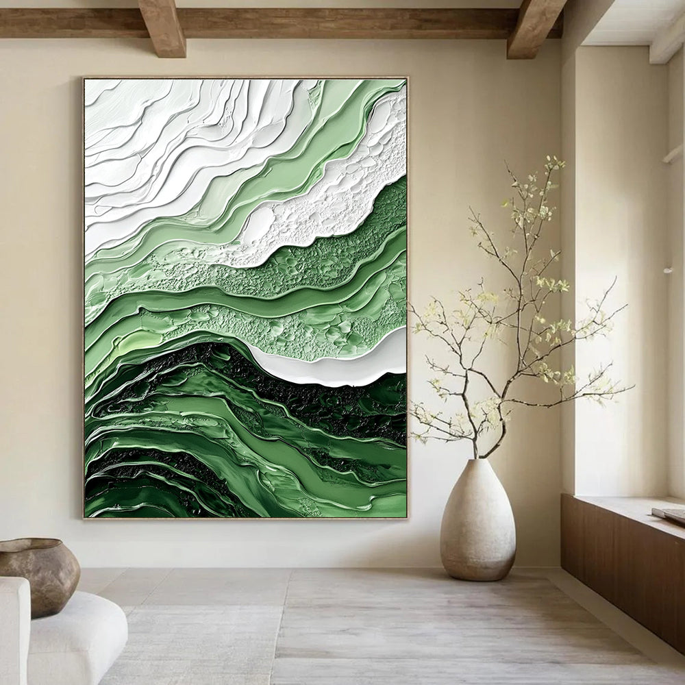 Large abstract painting in shades of green and white features fluid lines and waves with intricate details and a hyper-realistic texture.STSC445