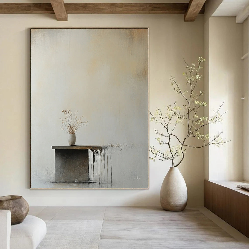 Abstract painting of an empty wall featuring a small table and flower vase in soft beige and gray tones with minimalist aesthetic.STSC641