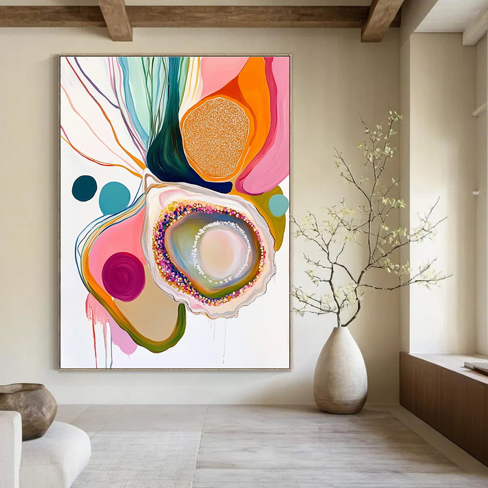 A large abstract painting featuring an oyster with glitter pastel colors on a white background surrounded by colorful organic shapes and patterns.STSC665